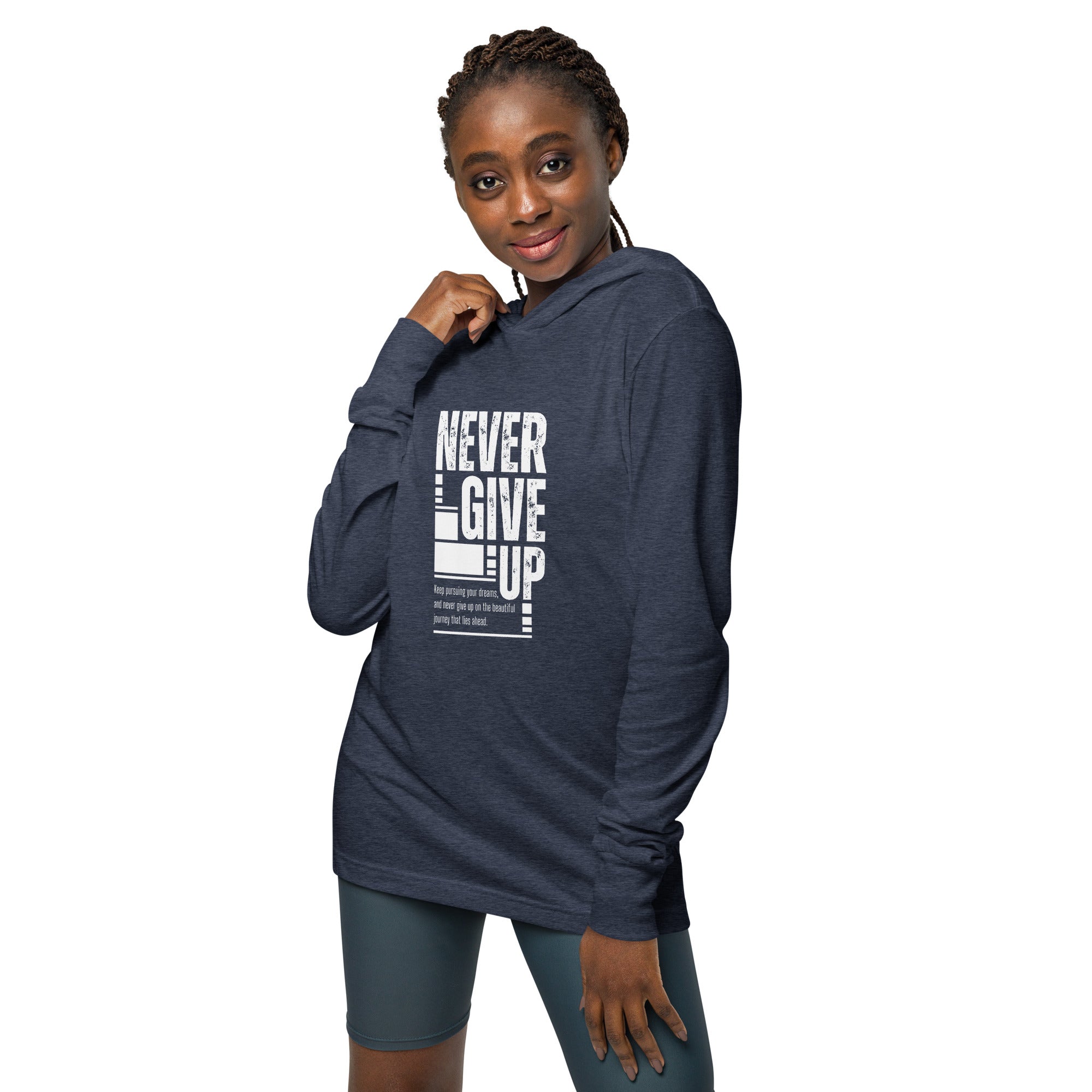 Unisex Hooded Long-Sleeve Tee | Never Give Up Hooded long-sleeve tee AwRans Clothing unisex-hooded-long-sleeve-tee-heather-navy-front-67eb96c461bb0