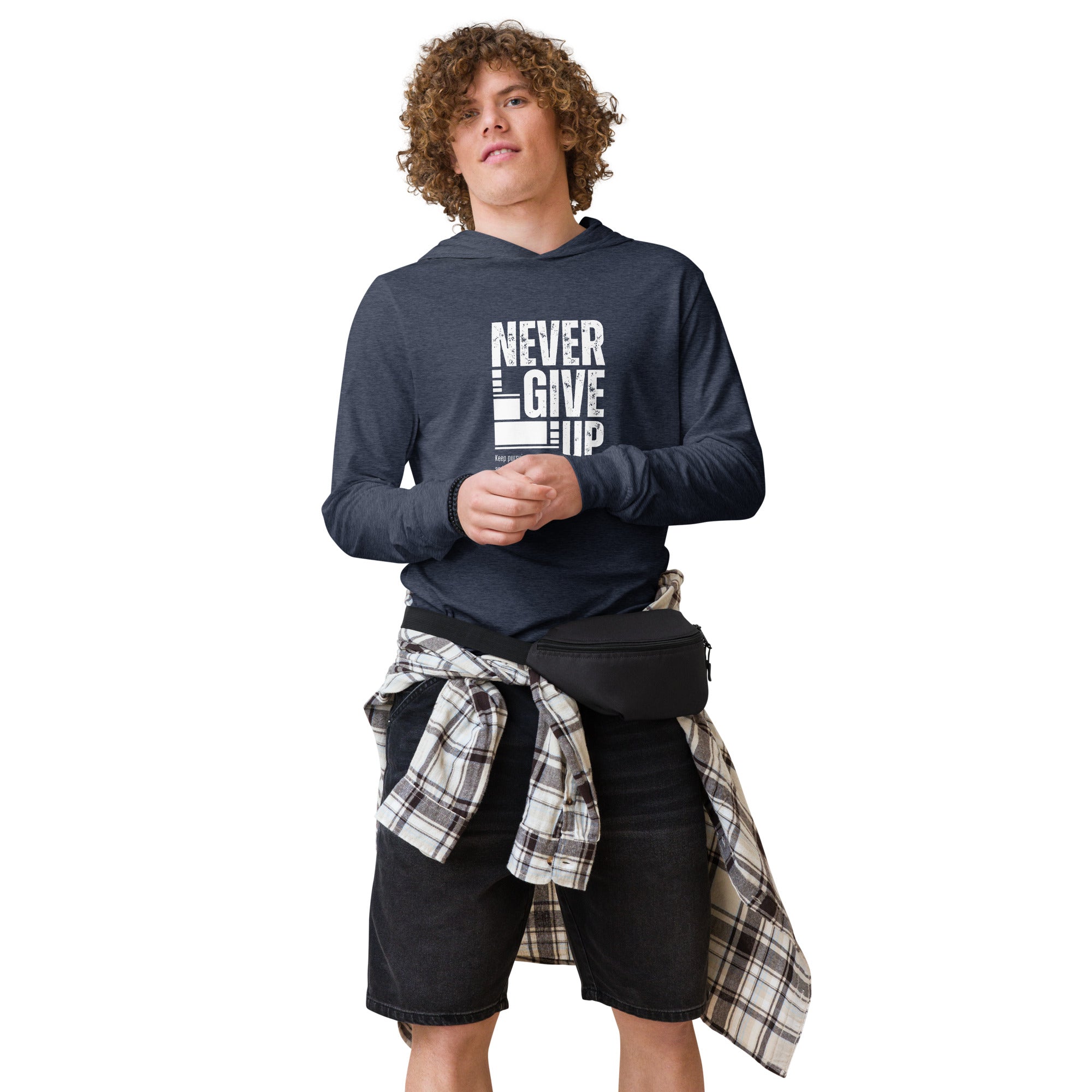 Unisex Hooded Long-Sleeve Tee | Never Give Up Hooded long-sleeve tee AwRans Clothing unisex-hooded-long-sleeve-tee-heather-navy-front-67eb96c46347a