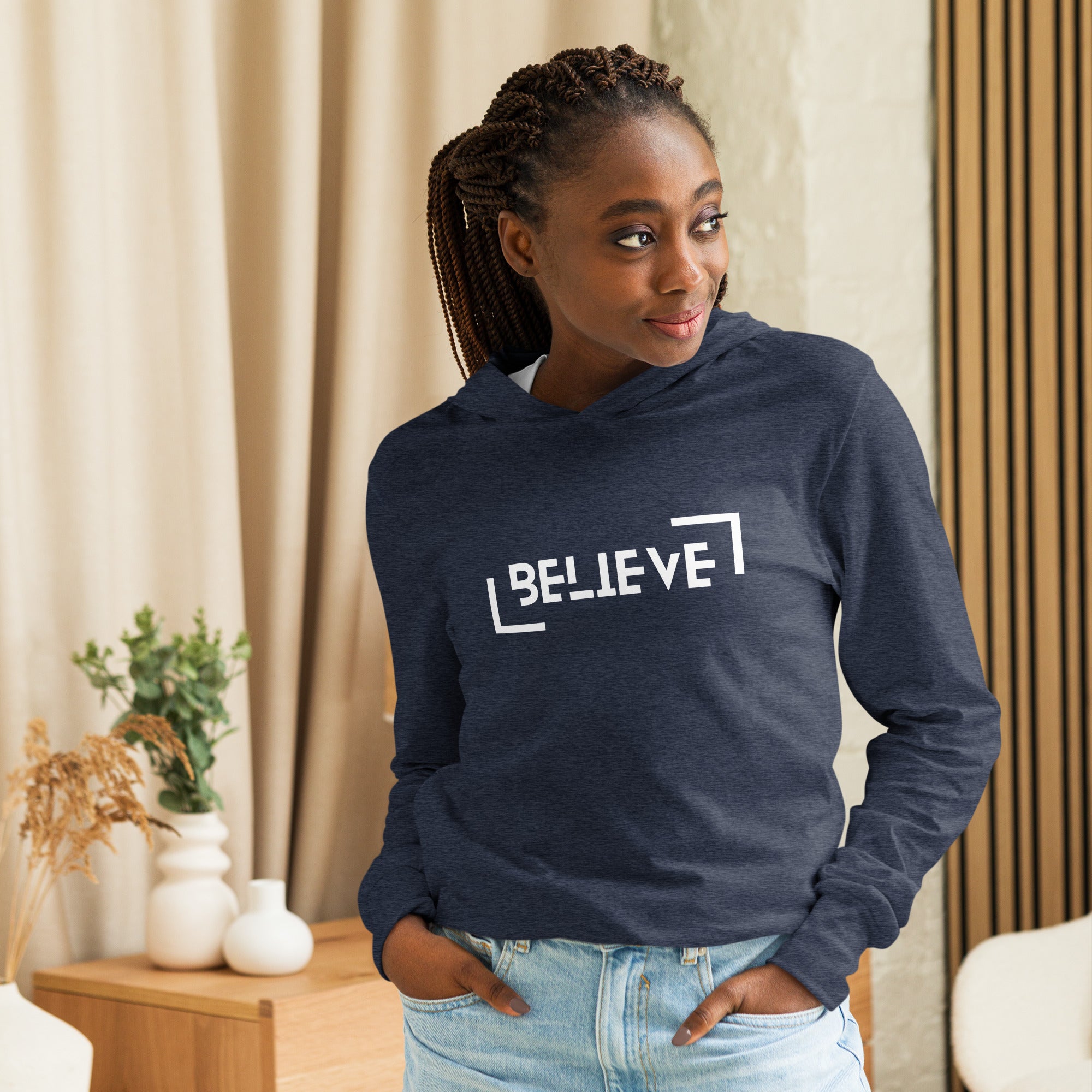 Unisex Hooded Long-Sleeve Tee | Believe Hooded long-sleeve tee AwRans Clothing unisex-hooded-long-sleeve-tee-heather-navy-front-67eb9818afd63