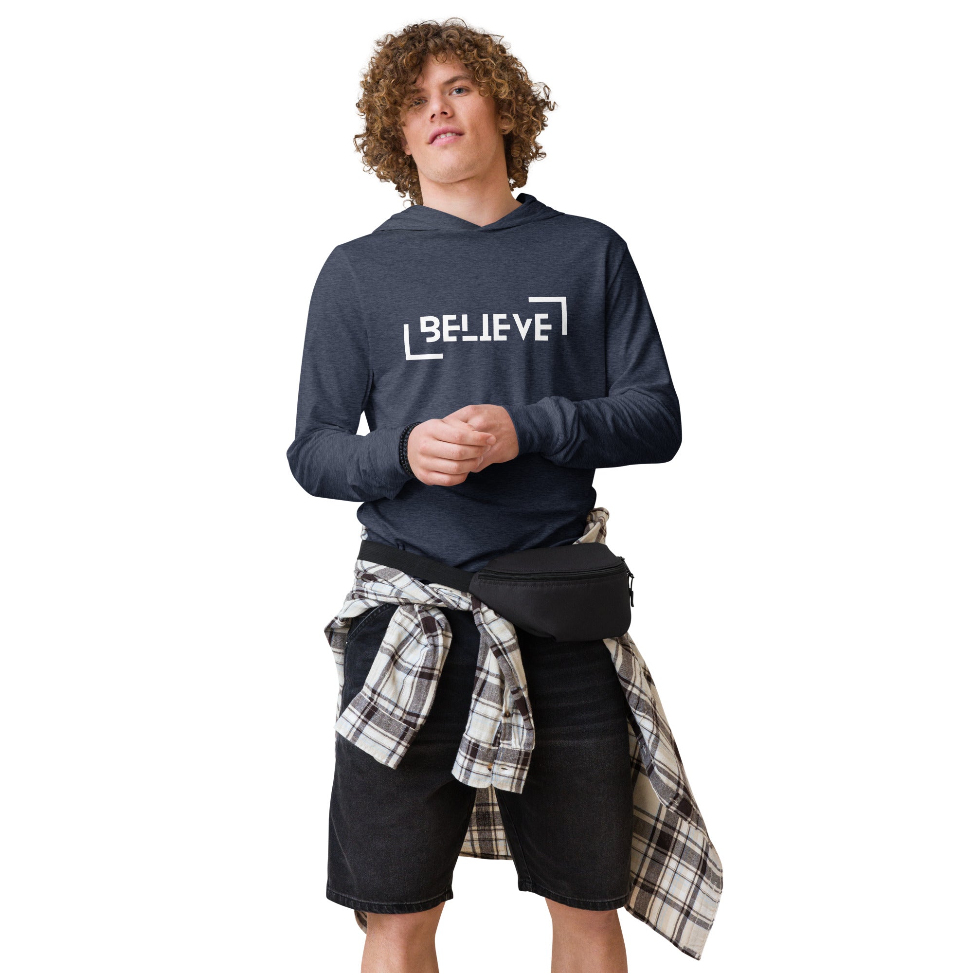 Unisex Hooded Long-Sleeve Tee | Believe Hooded long-sleeve tee AwRans Clothing unisex-hooded-long-sleeve-tee-heather-navy-front-67eb9818b20af