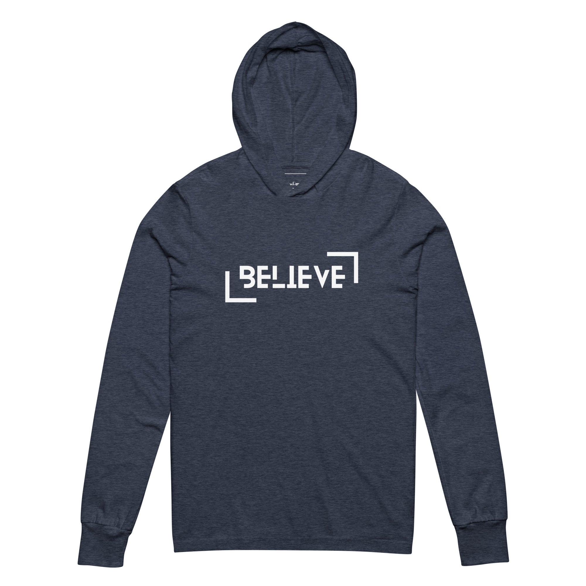 Unisex Hooded Long-Sleeve Tee | Believe Hooded long-sleeve tee AwRans Clothing unisex-hooded-long-sleeve-tee-heather-navy-front-67eb9818b2c9a