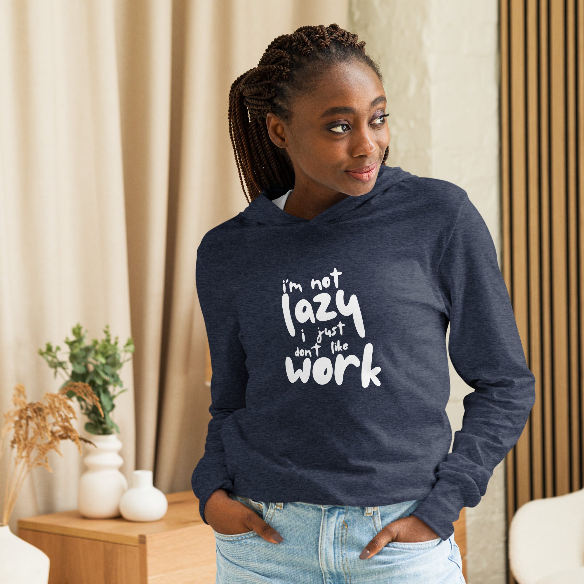 Unisex Hooded Long-Sleeve Tee | I'm Not Lazy,I Just Don't Like The Work Hooded long-sleeve tee AwRans Clothing unisex-hooded-long-sleeve-tee-heather-navy-front-67eb98bd75c5e