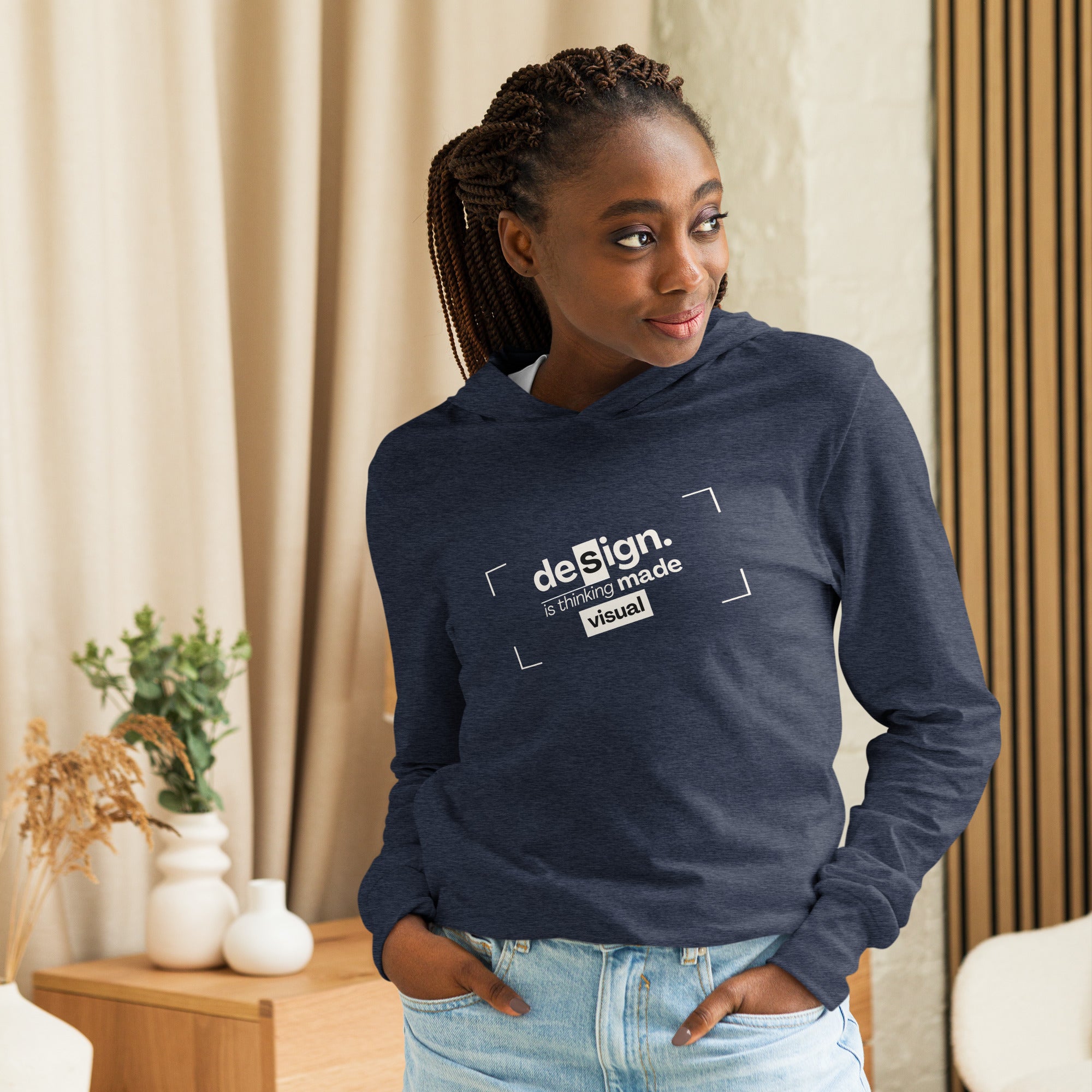Unisex Hooded Long-Sleeve Tee | Design Is Thinking Made Visual Hooded long-sleeve tee AwRans Clothing unisex-hooded-long-sleeve-tee-heather-navy-front-67eb9b1113eba