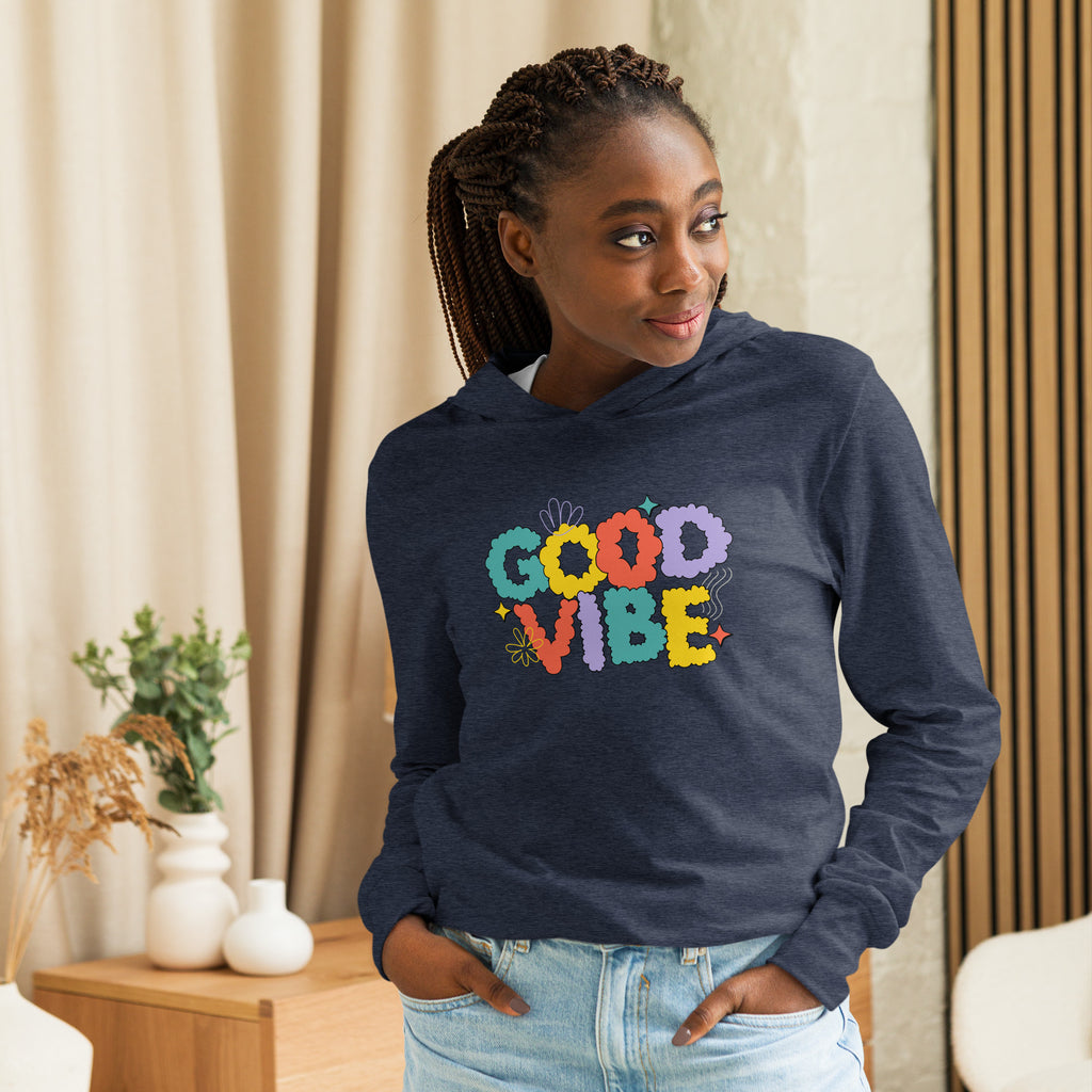 Unisex Hooded Long-Sleeve Tee | Good Vibe Hooded long-sleeve tee AwRans Clothing unisex-hooded-long-sleeve-tee-heather-navy-front-67eb9bb903e14