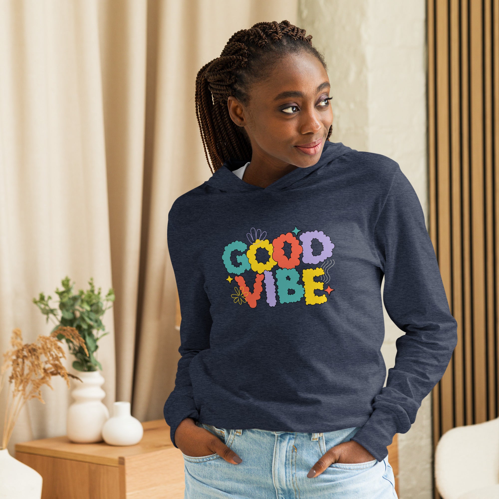 Unisex Hooded Long-Sleeve Tee | Good Vibe Hooded long-sleeve tee AwRans Clothing unisex-hooded-long-sleeve-tee-heather-navy-front-67eb9bb903e14