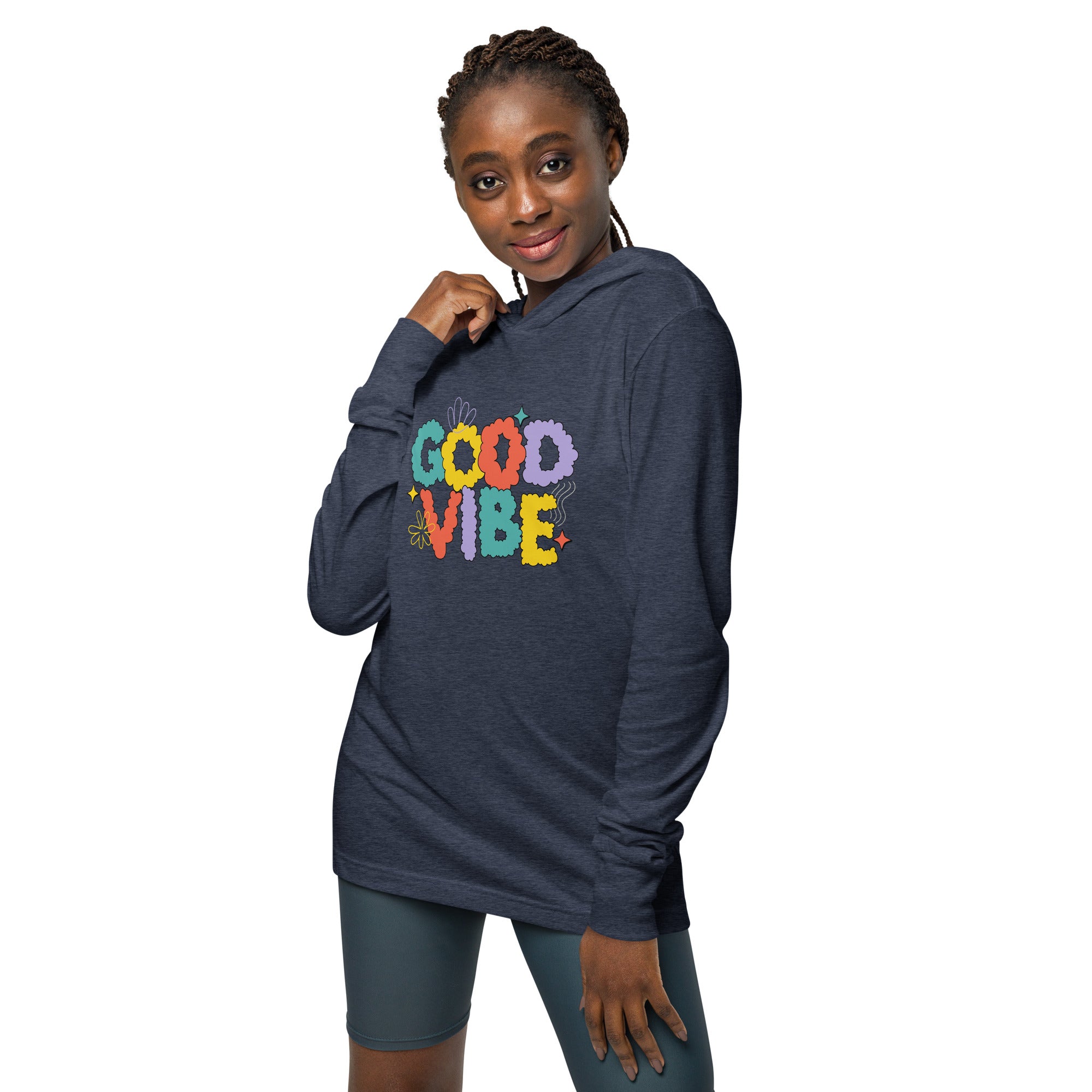 Unisex Hooded Long-Sleeve Tee | Good Vibe Hooded long-sleeve tee AwRans Clothing unisex-hooded-long-sleeve-tee-heather-navy-front-67eb9bb904625