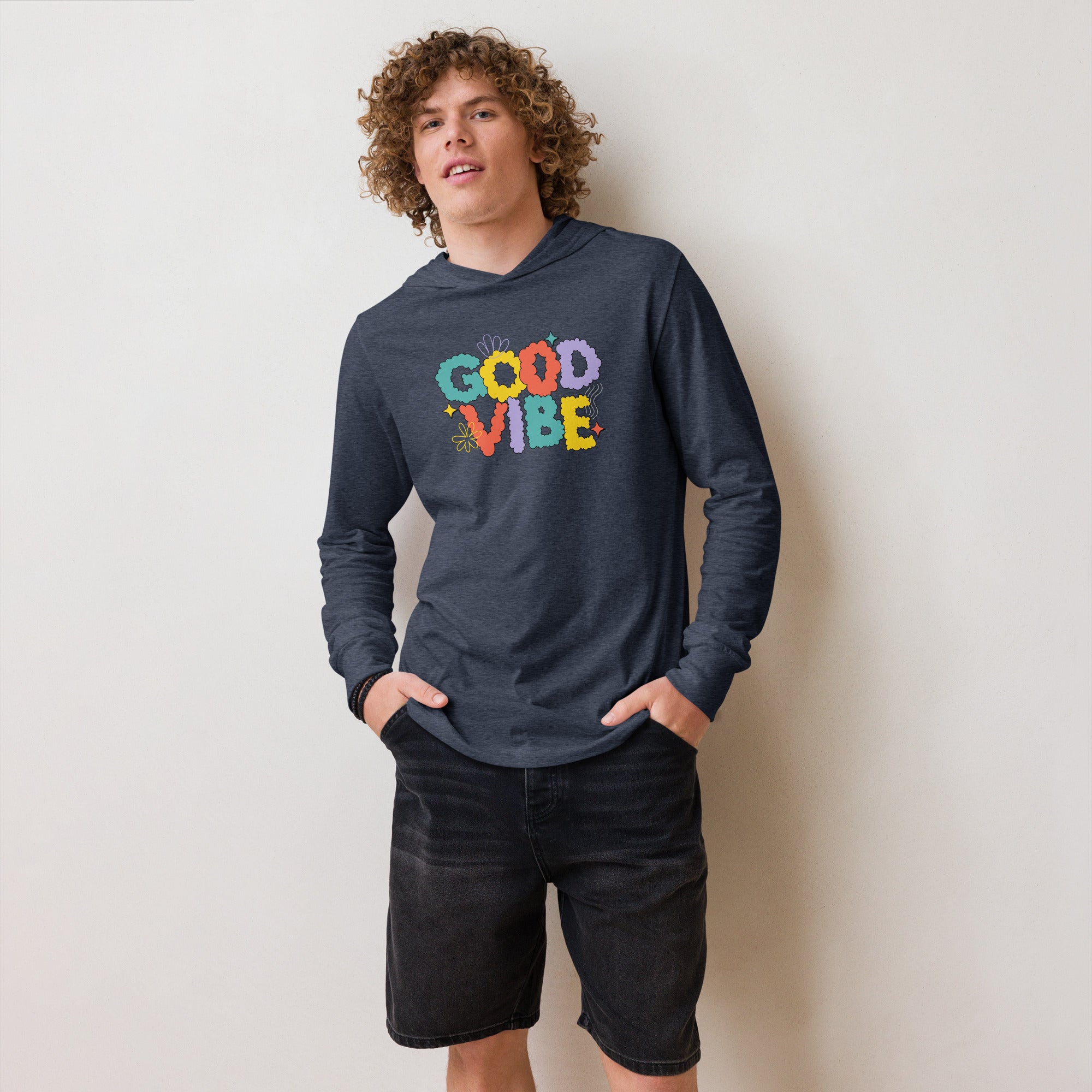 Unisex Hooded Long-Sleeve Tee | Good Vibe Hooded long-sleeve tee AwRans Clothing unisex-hooded-long-sleeve-tee-heather-navy-front-67eb9bb905628