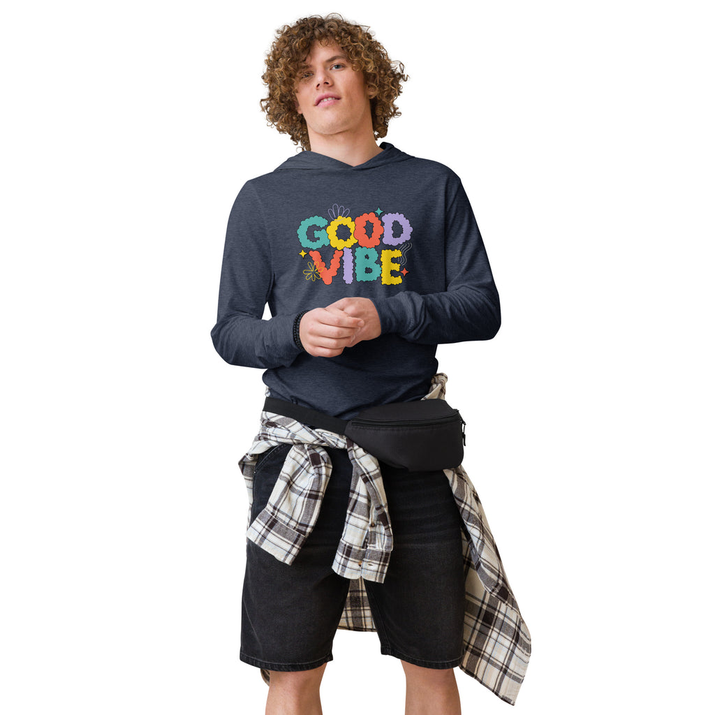 Unisex Hooded Long-Sleeve Tee | Good Vibe Hooded long-sleeve tee AwRans Clothing unisex-hooded-long-sleeve-tee-heather-navy-front-67eb9bb905ebe