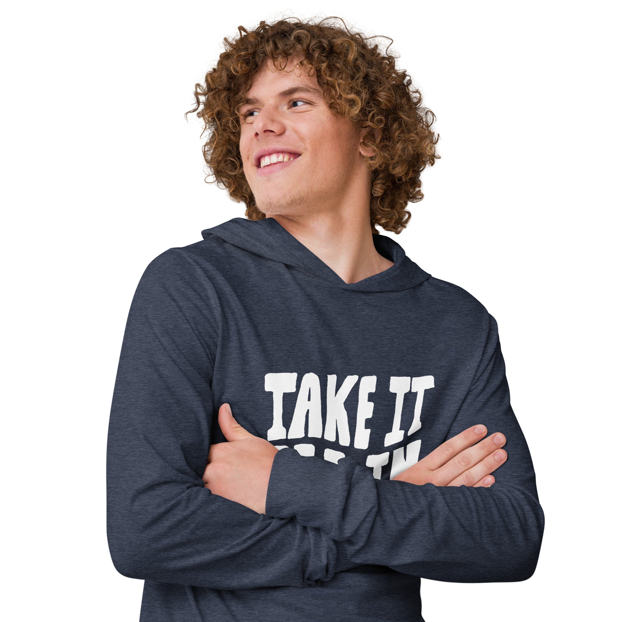 Unisex Hooded Long-Sleeve Tee | Take It All In Hooded long-sleeve tee AwRans Clothing unisex-hooded-long-sleeve-tee-heather-navy-right-front-67eb9421c46f4
