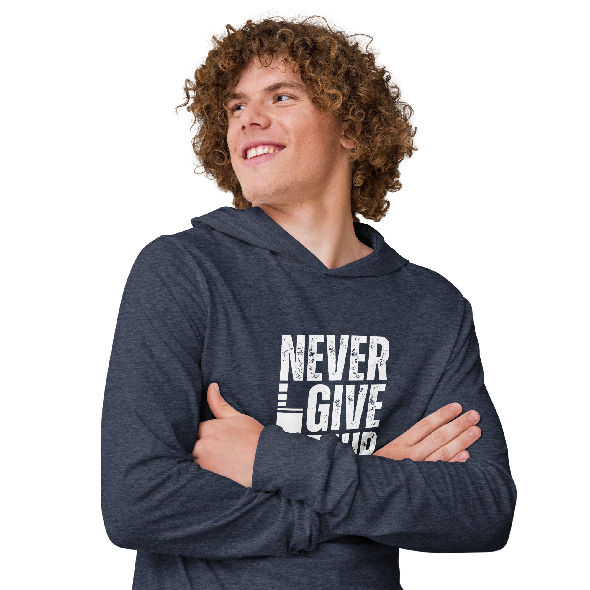 Unisex Hooded Long-Sleeve Tee | Never Give Up Hooded long-sleeve tee AwRans Clothing unisex-hooded-long-sleeve-tee-heather-navy-right-front-67eb96c4623c3