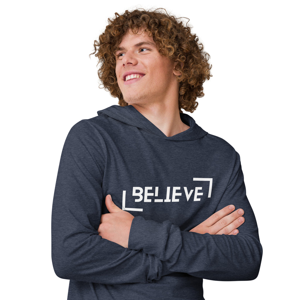 Unisex Hooded Long-Sleeve Tee | Believe Hooded long-sleeve tee AwRans Clothing unisex-hooded-long-sleeve-tee-heather-navy-right-front-67eb9818b0de6