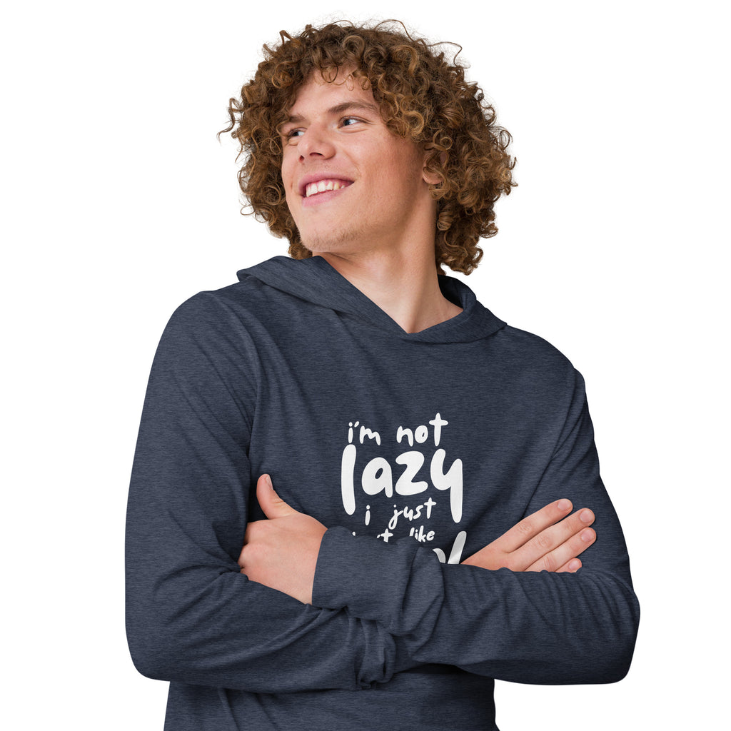 Unisex Hooded Long-Sleeve Tee | I'm Not Lazy,I Just Don't Like The Work Hooded long-sleeve tee AwRans Clothing unisex-hooded-long-sleeve-tee-heather-navy-right-front-67eb98bd76cc9