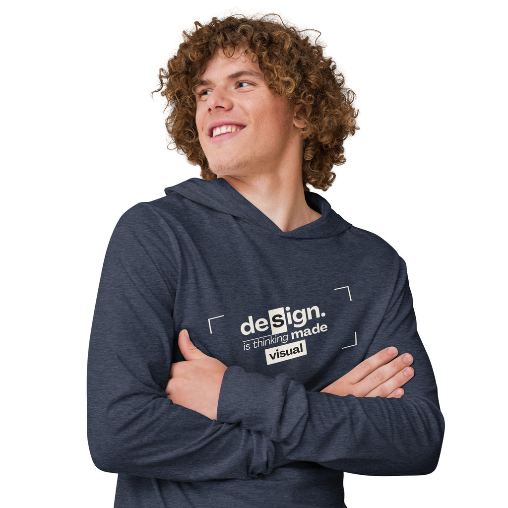 Unisex Hooded Long-Sleeve Tee | Design Is Thinking Made Visual Hooded long-sleeve tee AwRans Clothing unisex-hooded-long-sleeve-tee-heather-navy-right-front-67eb9b11150f0