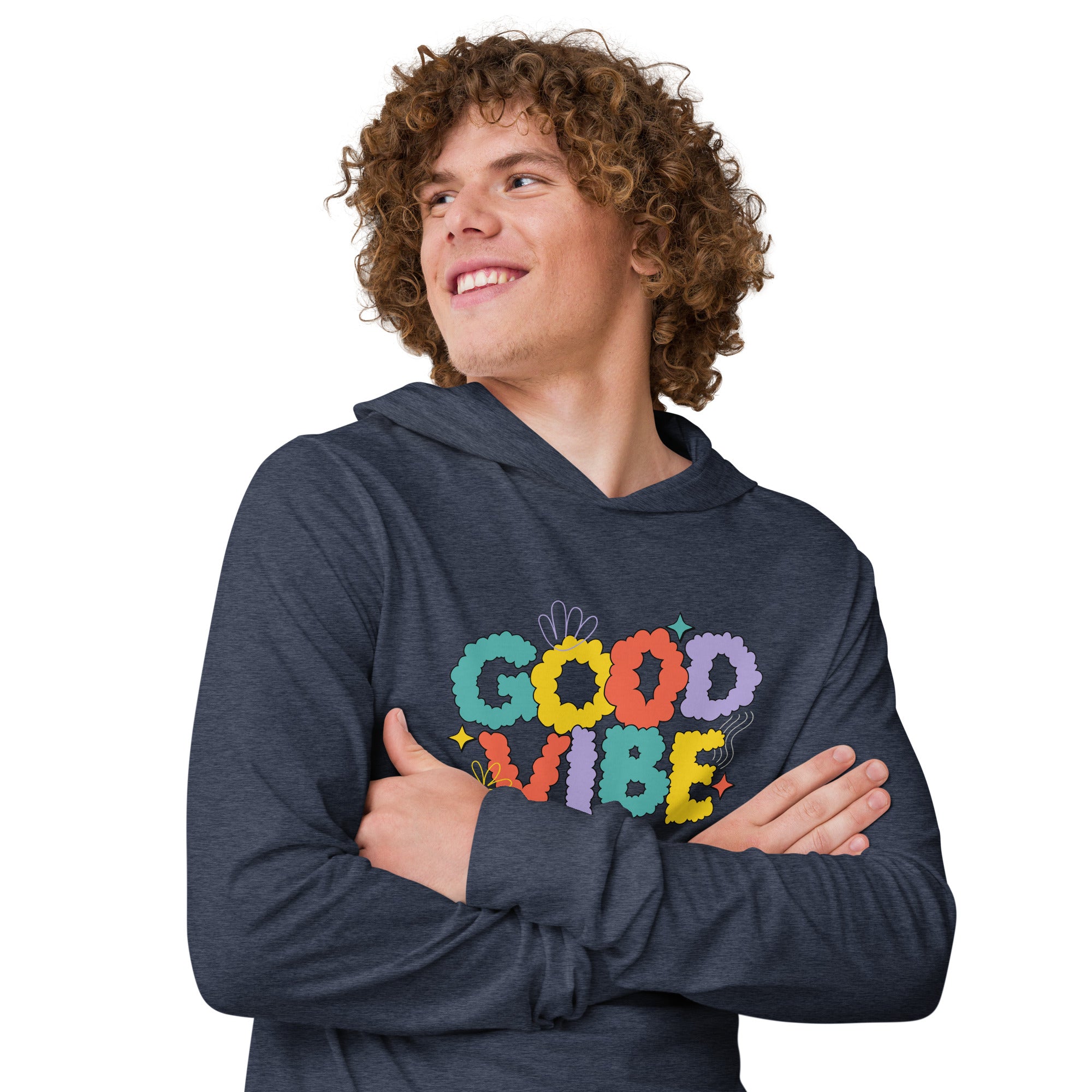 Unisex Hooded Long-Sleeve Tee | Good Vibe Hooded long-sleeve tee AwRans Clothing unisex-hooded-long-sleeve-tee-heather-navy-right-front-67eb9bb904dff