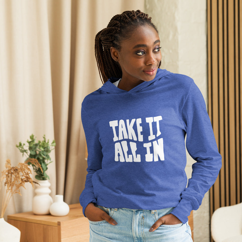 Unisex Hooded Long-Sleeve Tee | Take It All In Hooded long-sleeve tee AwRans Clothing unisex-hooded-long-sleeve-tee-heather-true-royal-front-67eb9421d0419