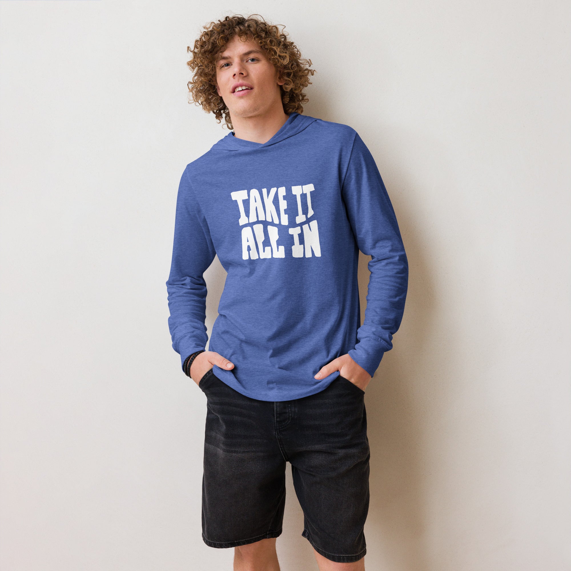 Unisex Hooded Long-Sleeve Tee | Take It All In Hooded long-sleeve tee AwRans Clothing unisex-hooded-long-sleeve-tee-heather-true-royal-front-67eb9421d295c