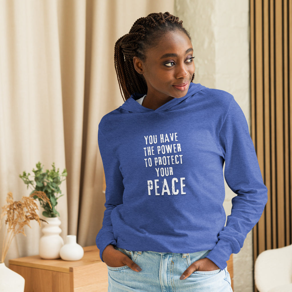 Unisex Hooded Long-Sleeve Tee | You Have The Power To Protect Your Peace Hooded long-sleeve tee AwRans Clothing unisex-hooded-long-sleeve-tee-heather-true-royal-front-67eb958c12cbd