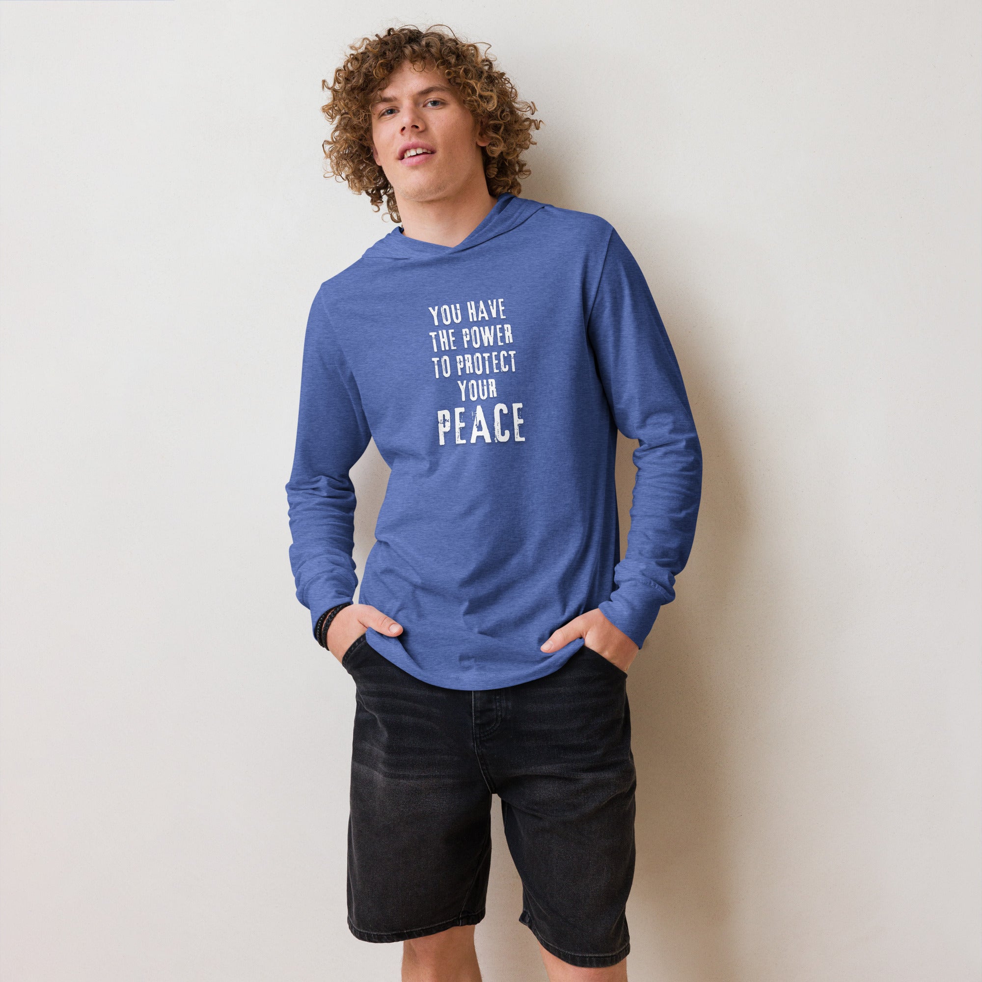 Unisex Hooded Long-Sleeve Tee | You Have The Power To Protect Your Peace Hooded long-sleeve tee AwRans Clothing unisex-hooded-long-sleeve-tee-heather-true-royal-front-67eb958c151b9