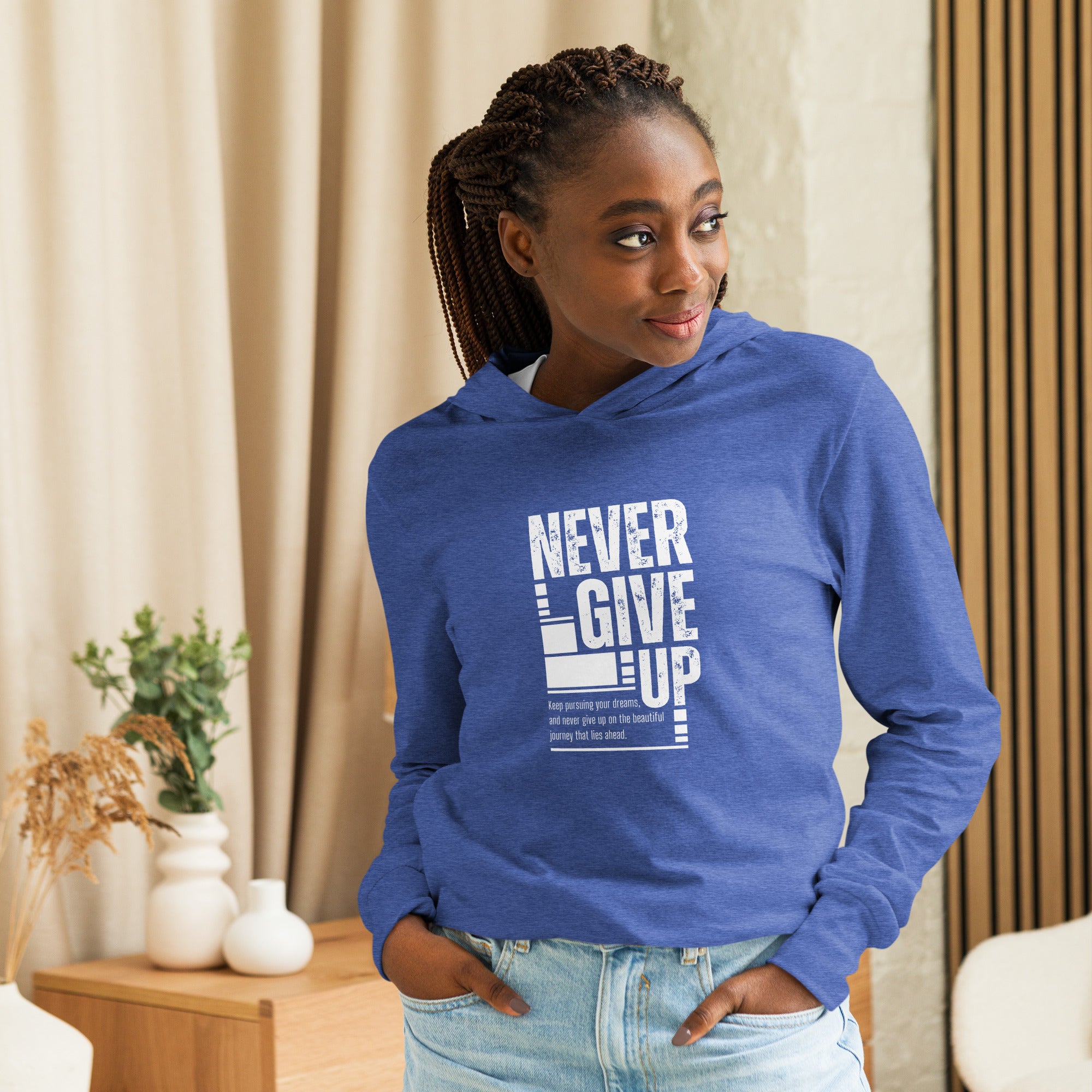 Unisex Hooded Long-Sleeve Tee | Never Give Up Hooded long-sleeve tee AwRans Clothing unisex-hooded-long-sleeve-tee-heather-true-royal-front-67eb96c46e152