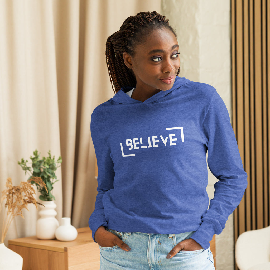 Unisex Hooded Long-Sleeve Tee | Believe Hooded long-sleeve tee AwRans Clothing unisex-hooded-long-sleeve-tee-heather-true-royal-front-67eb9818c154c