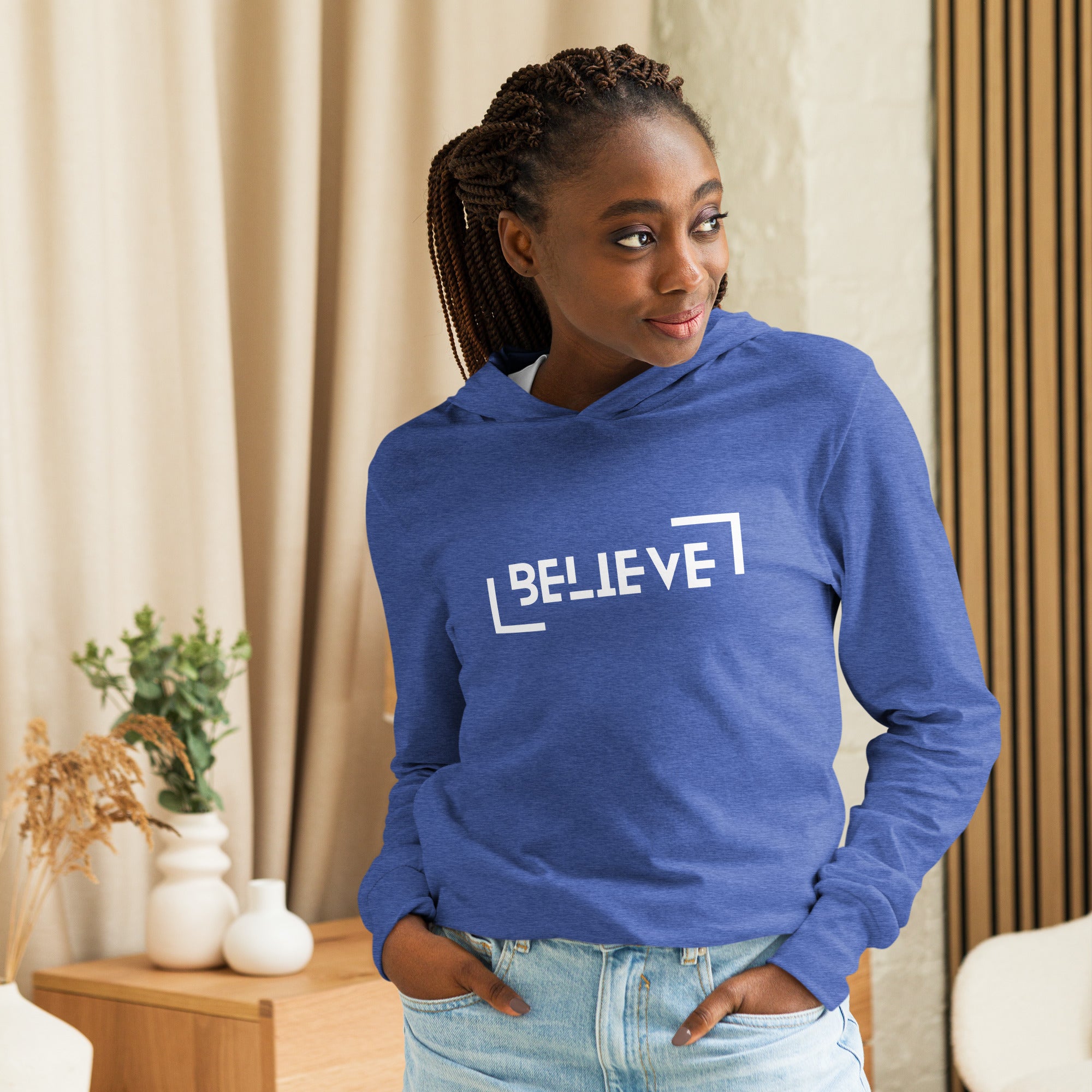 Unisex Hooded Long-Sleeve Tee | Believe Hooded long-sleeve tee AwRans Clothing unisex-hooded-long-sleeve-tee-heather-true-royal-front-67eb9818c154c