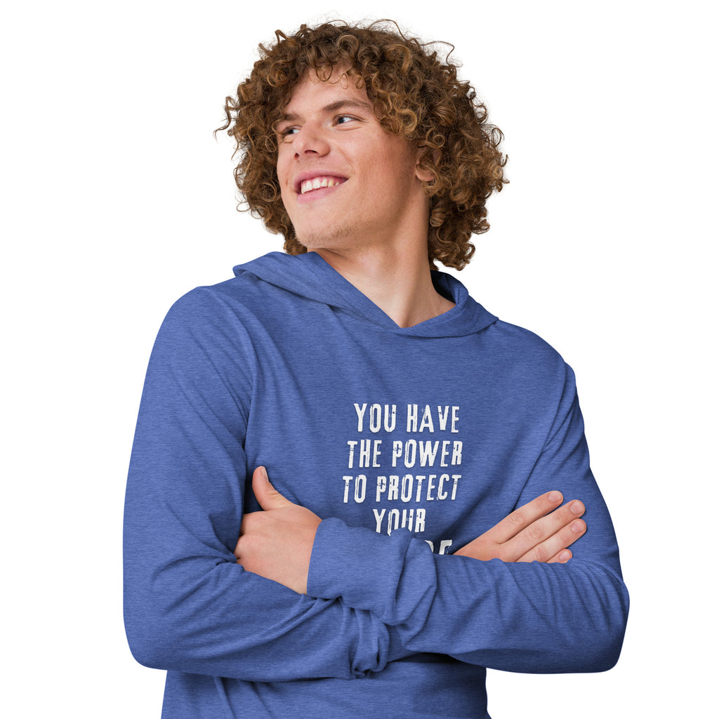 Unisex Hooded Long-Sleeve Tee | You Have The Power To Protect Your Peace Hooded long-sleeve tee AwRans Clothing unisex-hooded-long-sleeve-tee-heather-true-royal-right-front-67eb958c145a4