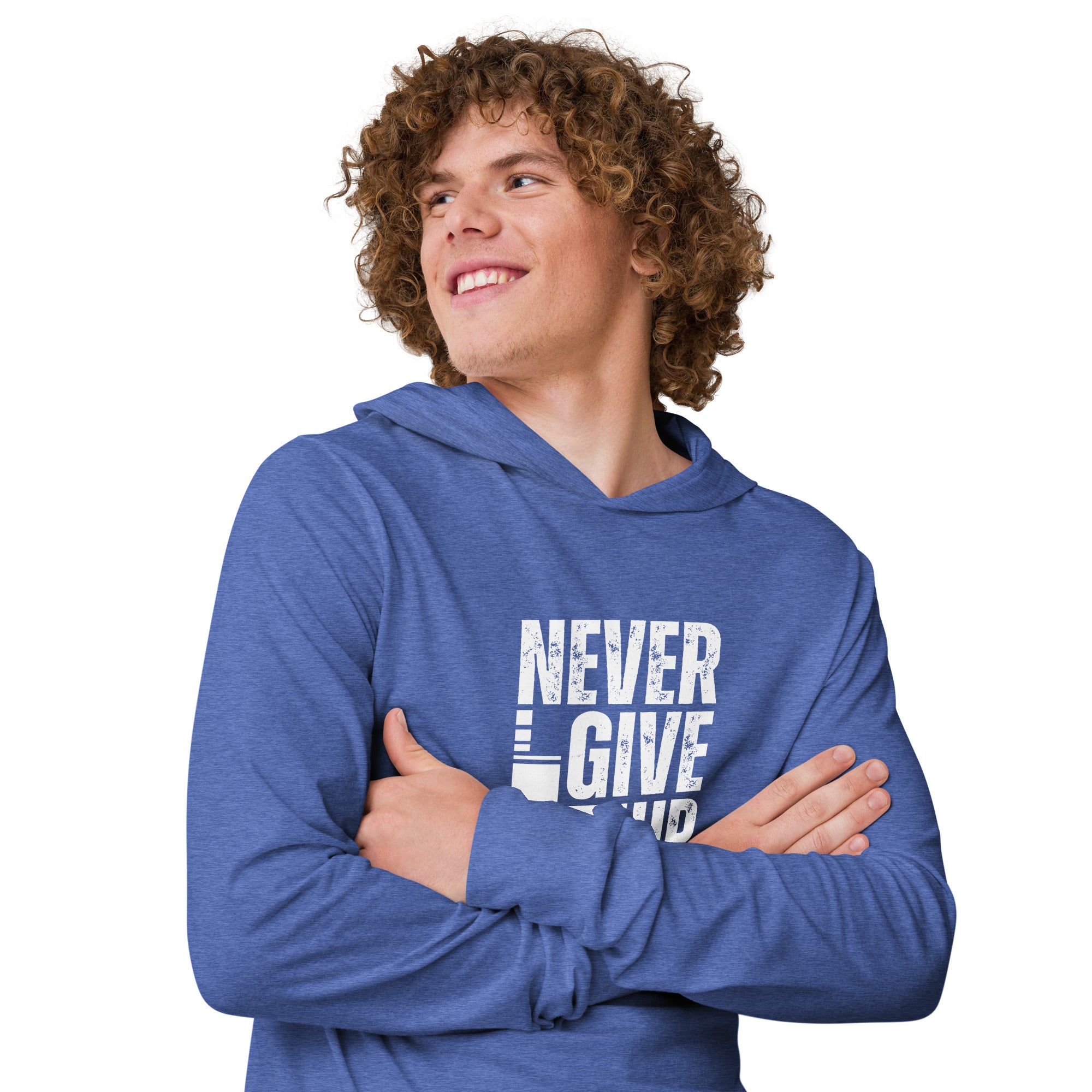 Unisex Hooded Long-Sleeve Tee | Never Give Up Hooded long-sleeve tee AwRans Clothing unisex-hooded-long-sleeve-tee-heather-true-royal-right-front-67eb96c46f9cf