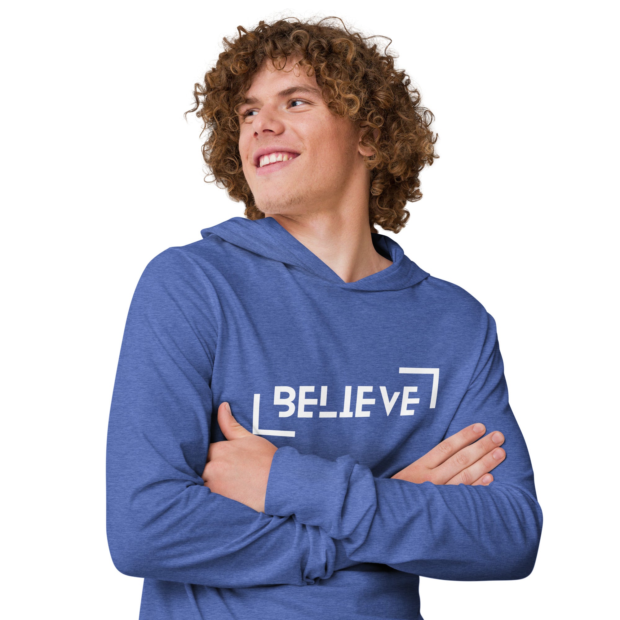Unisex Hooded Long-Sleeve Tee | Believe Hooded long-sleeve tee AwRans Clothing unisex-hooded-long-sleeve-tee-heather-true-royal-right-front-67eb9818c372a