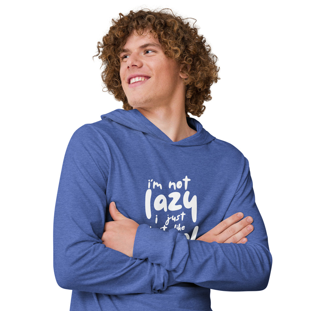 Unisex Hooded Long-Sleeve Tee | I'm Not Lazy,I Just Don't Like The Work Hooded long-sleeve tee AwRans Clothing unisex-hooded-long-sleeve-tee-heather-true-royal-right-front-67eb98bd873fc