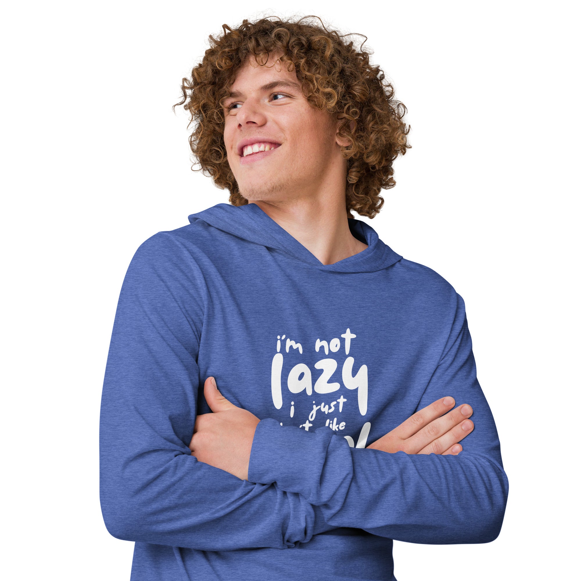 Unisex Hooded Long-Sleeve Tee | I'm Not Lazy,I Just Don't Like The Work Hooded long-sleeve tee AwRans Clothing unisex-hooded-long-sleeve-tee-heather-true-royal-right-front-67eb98bd873fc