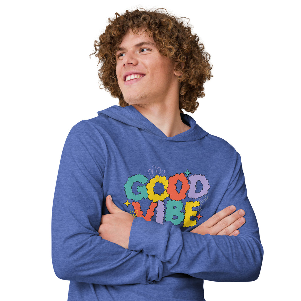 Unisex Hooded Long-Sleeve Tee | Good Vibe Hooded long-sleeve tee AwRans Clothing unisex-hooded-long-sleeve-tee-heather-true-royal-right-front-67eb9bb91332c