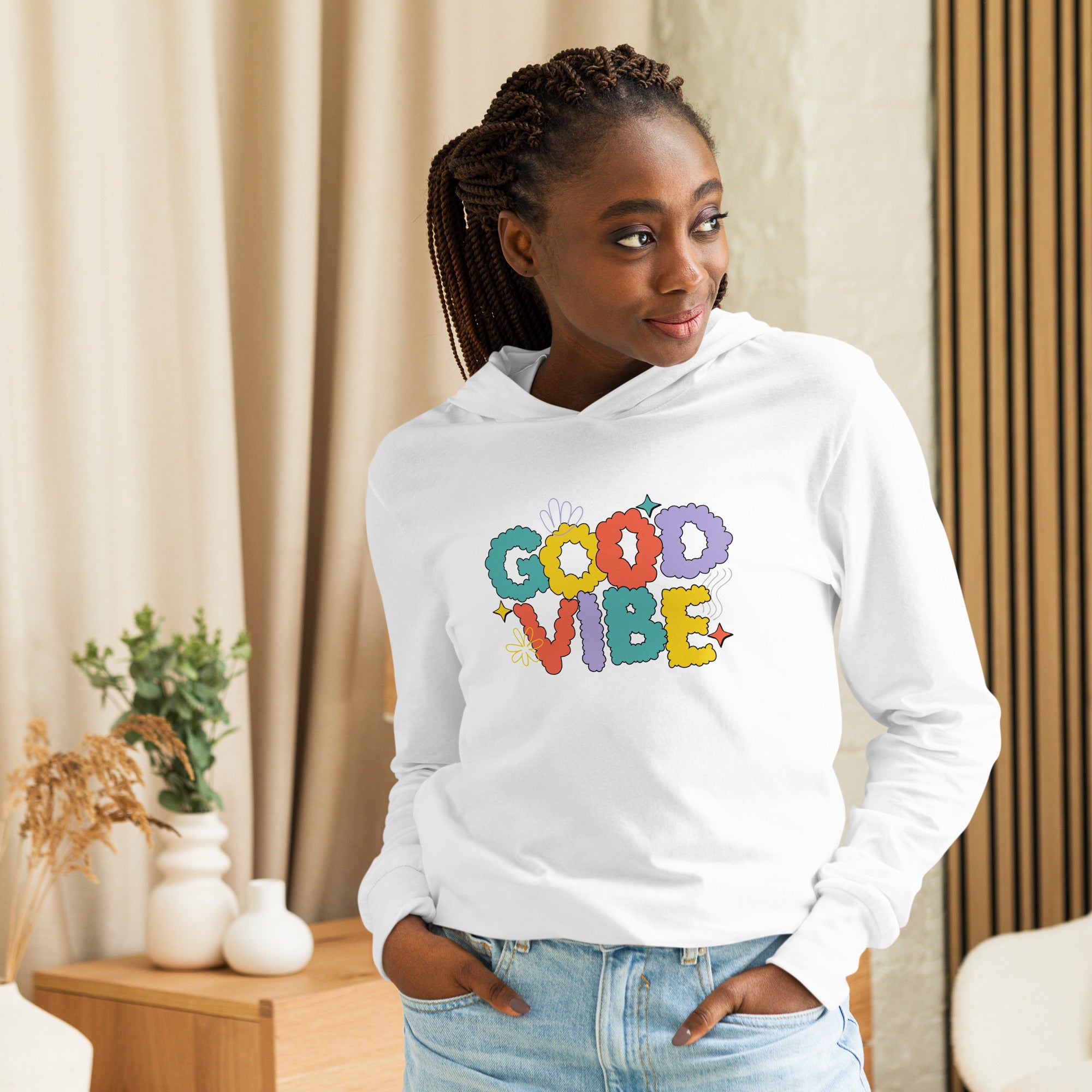 Unisex Hooded Long-Sleeve Tee | Good Vibe Hooded long-sleeve tee AwRans Clothing unisex-hooded-long-sleeve-tee-white-front-67eb9bb91af5b