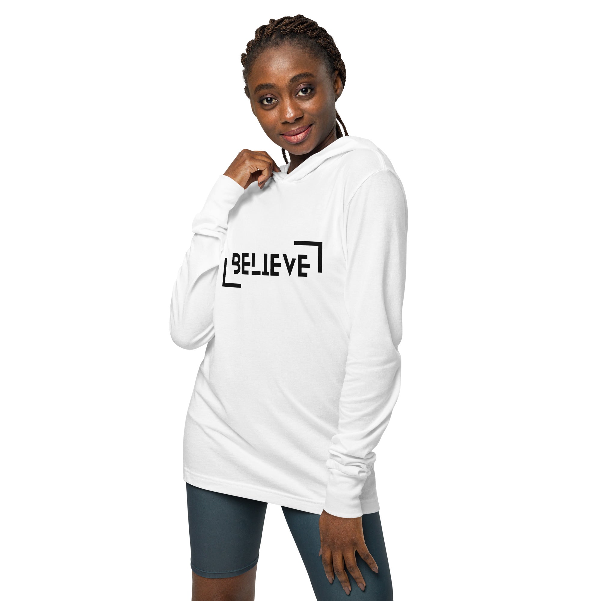 Unisex Hooded Long-Sleeve Tee | Believe Hooded long-sleeve tee AwRans Clothing unisex-hooded-long-sleeve-tee-white-front-67f00c9c9e1b4