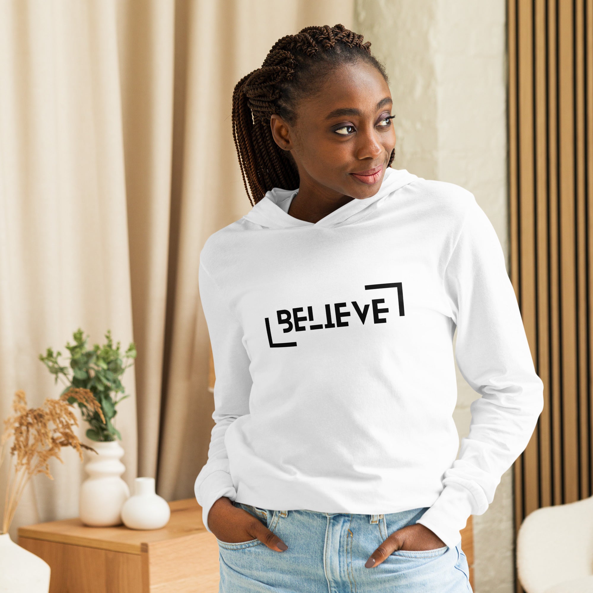 Unisex Hooded Long-Sleeve Tee | Believe Hooded long-sleeve tee AwRans Clothing unisex-hooded-long-sleeve-tee-white-front-67f00c9c9f5c9