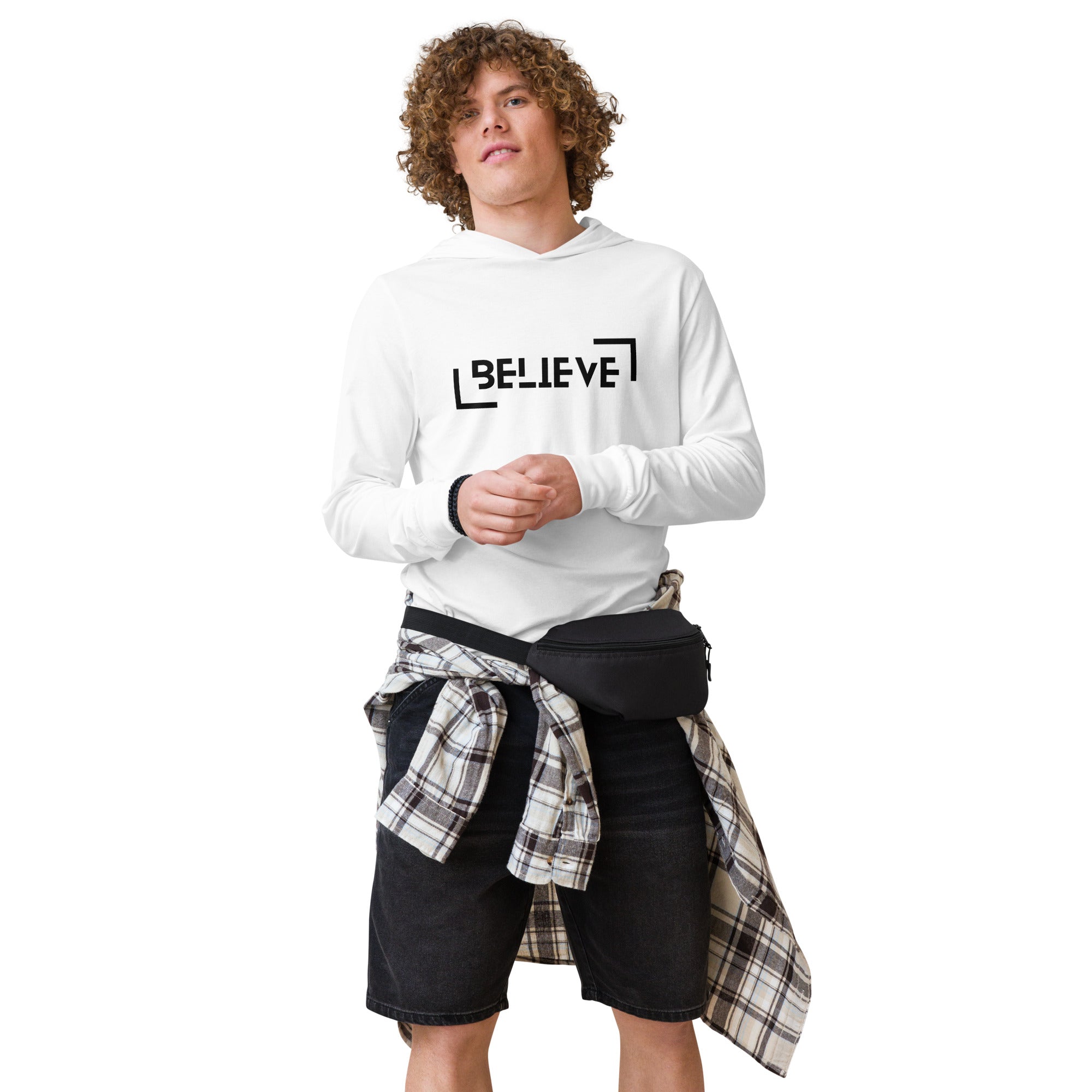 Unisex Hooded Long-Sleeve Tee | Believe Hooded long-sleeve tee AwRans Clothing unisex-hooded-long-sleeve-tee-white-front-67f00c9ca013c