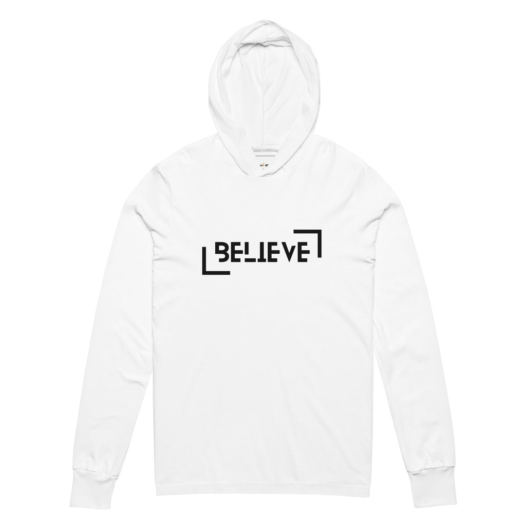 Unisex Hooded Long-Sleeve Tee | Believe Hooded long-sleeve tee AwRans Clothing unisex-hooded-long-sleeve-tee-white-front-67f00c9ca0b99