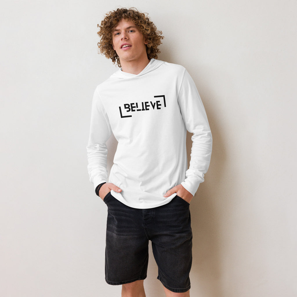 Unisex Hooded Long-Sleeve Tee | Believe Hooded long-sleeve tee AwRans Clothing unisex-hooded-long-sleeve-tee-white-front-67f00c9ca40cb