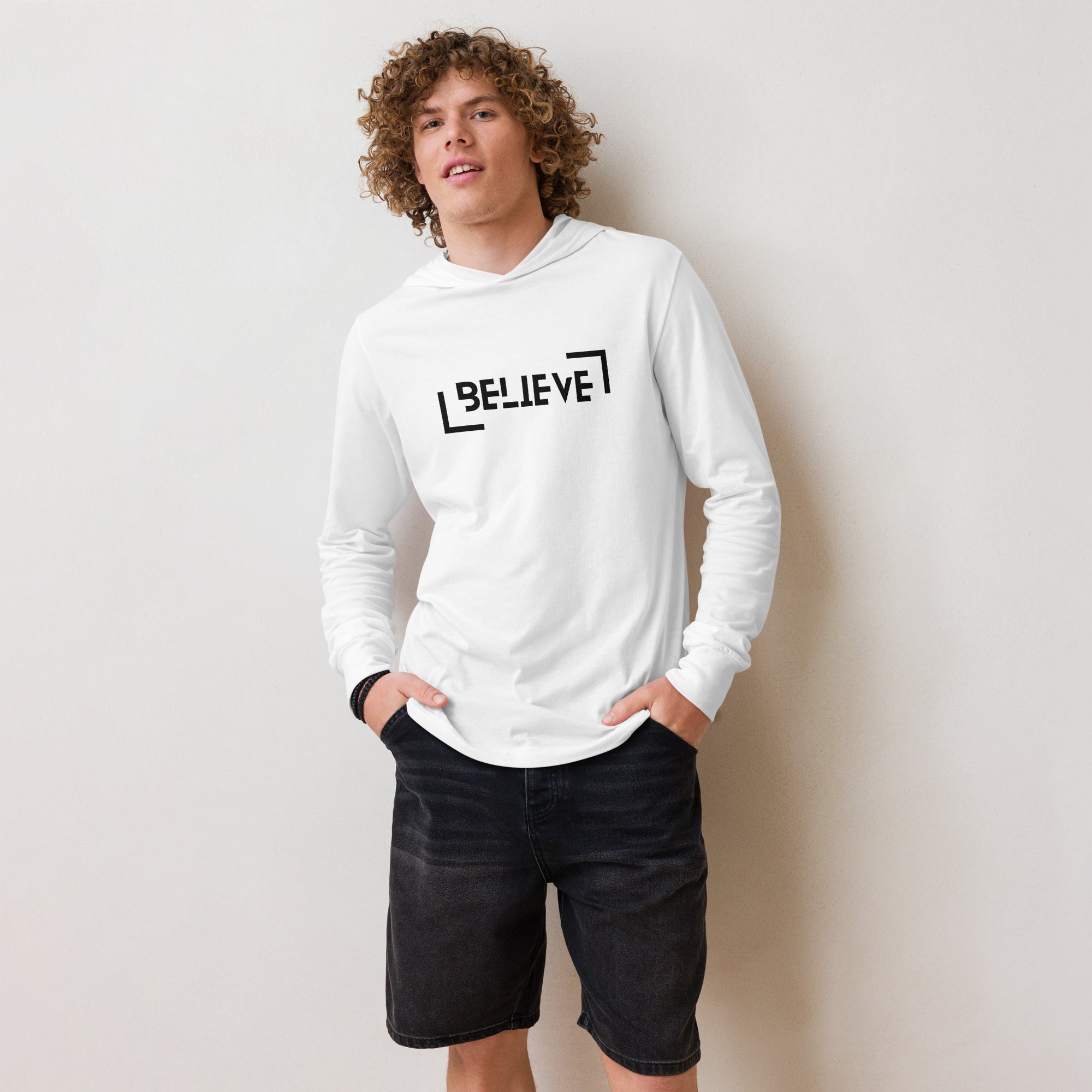 Unisex Hooded Long-Sleeve Tee | Believe Hooded long-sleeve tee AwRans Clothing unisex-hooded-long-sleeve-tee-white-front-67f00c9ca40cb