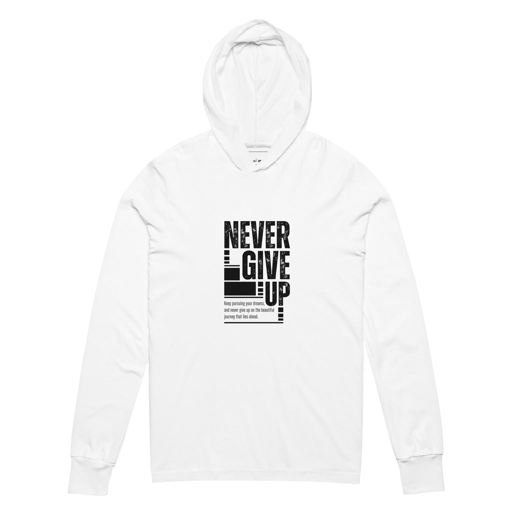 Unisex Hooded Long-Sleeve Tee | Never Give Up Hooded long-sleeve tee AwRans Clothing unisex-hooded-long-sleeve-tee-white-front-67f00ce4d66e0