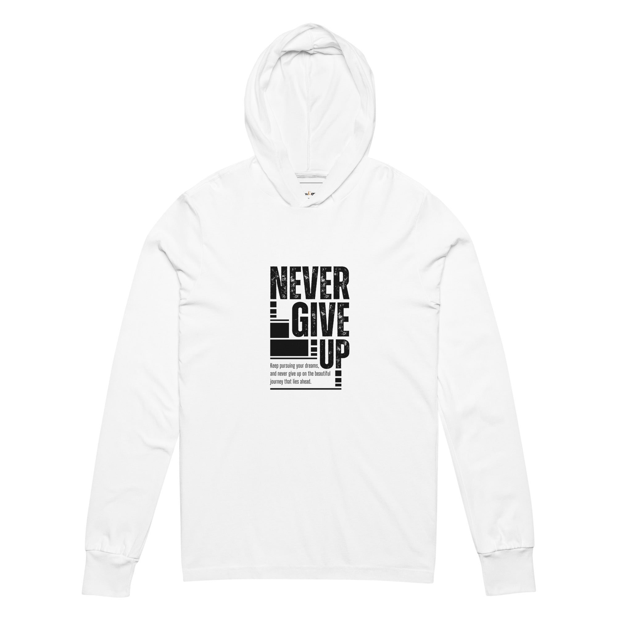 Unisex Hooded Long-Sleeve Tee | Never Give Up Hooded long-sleeve tee AwRans Clothing unisex-hooded-long-sleeve-tee-white-front-67f00ce4d66e0