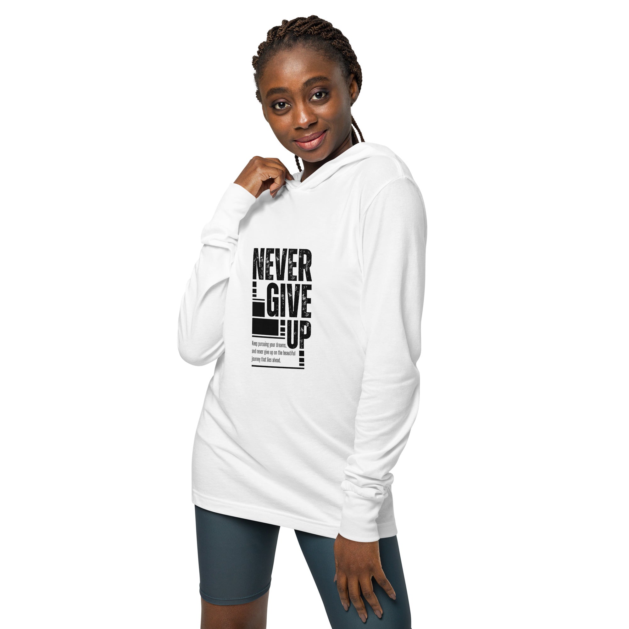 Unisex Hooded Long-Sleeve Tee | Never Give Up Hooded long-sleeve tee AwRans Clothing unisex-hooded-long-sleeve-tee-white-front-67f00ce4d6b9f