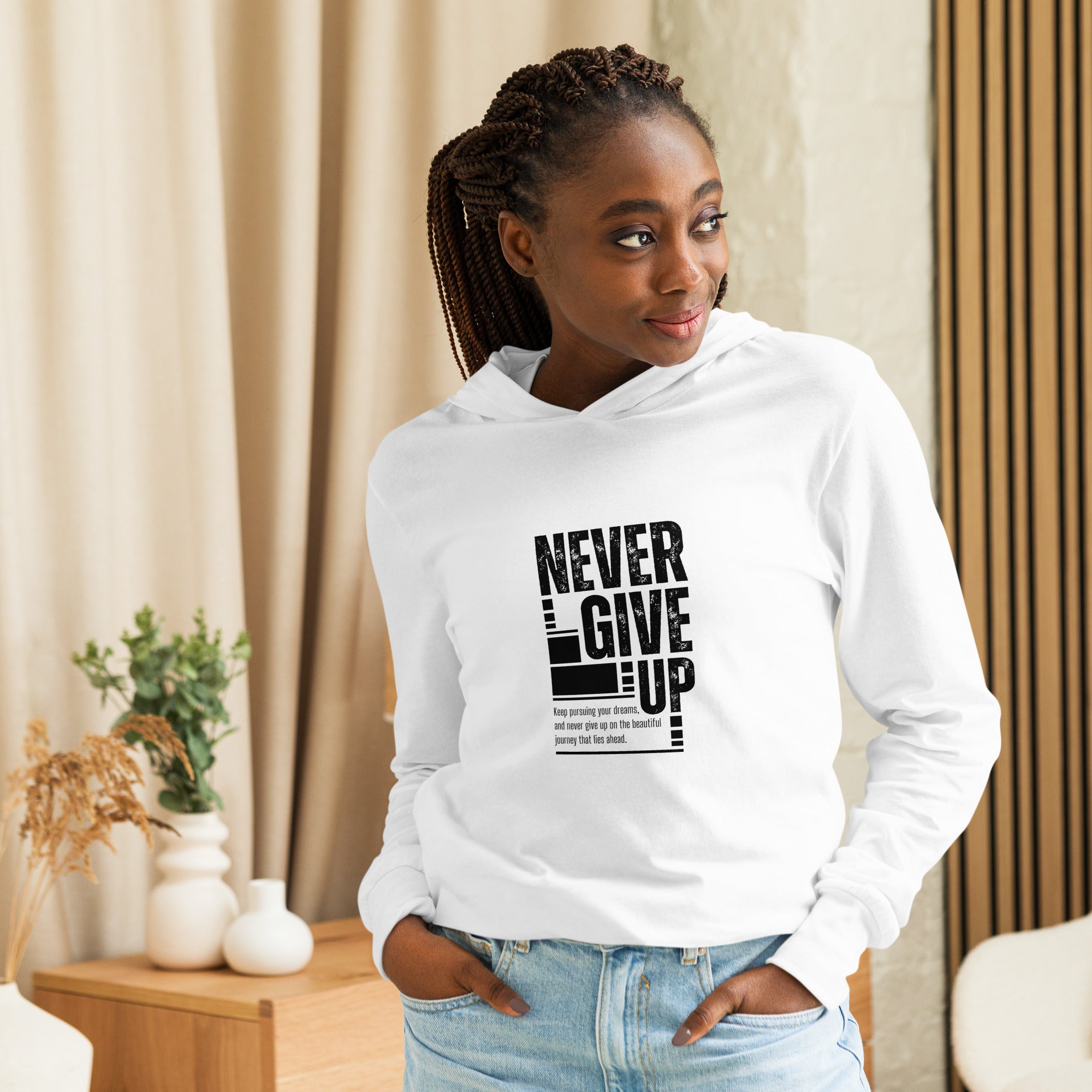 Unisex Hooded Long-Sleeve Tee | Never Give Up Hooded long-sleeve tee AwRans Clothing unisex-hooded-long-sleeve-tee-white-front-67f00ce4d7610