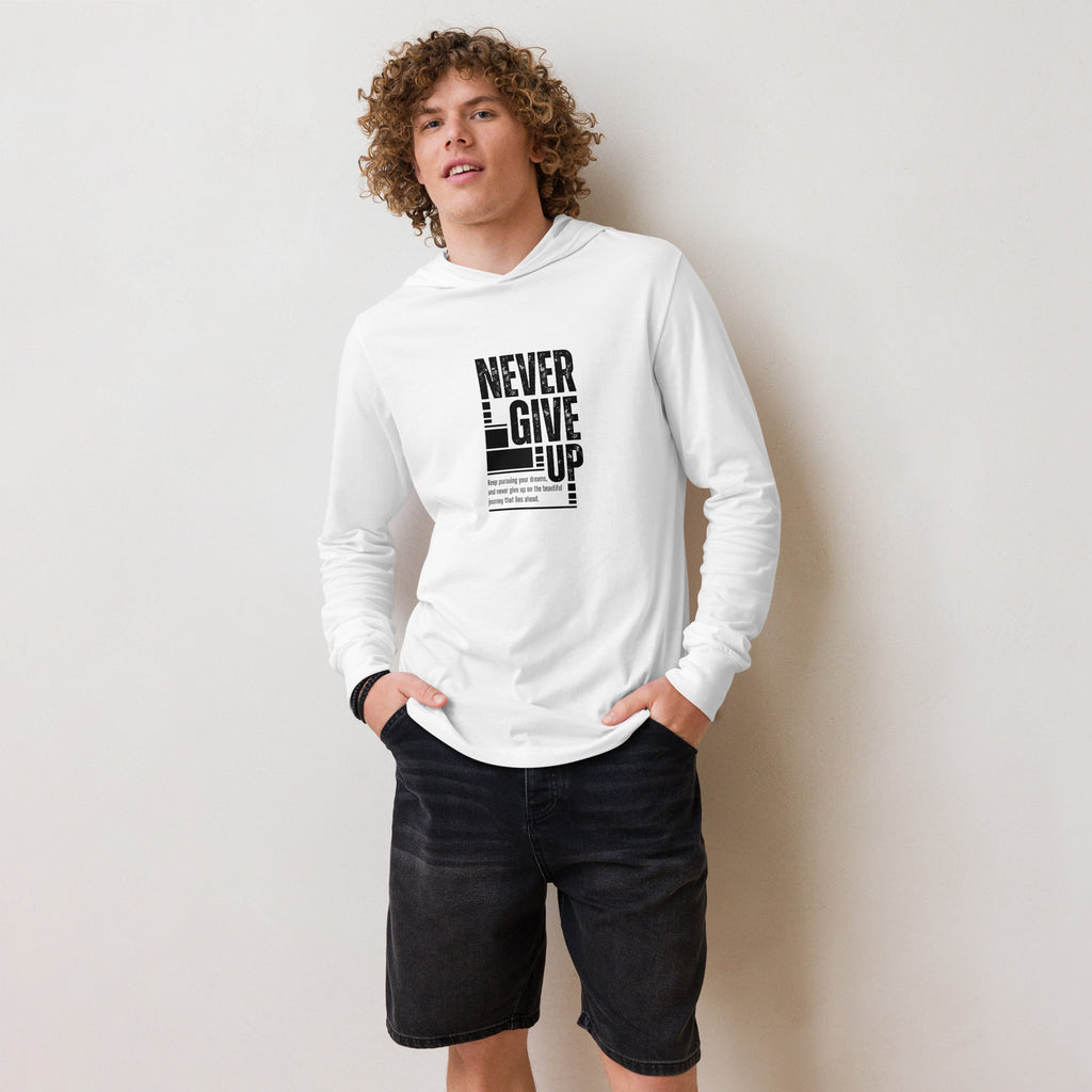 Unisex Hooded Long-Sleeve Tee | Never Give Up Hooded long-sleeve tee AwRans Clothing unisex-hooded-long-sleeve-tee-white-front-67f00ce4d86d0