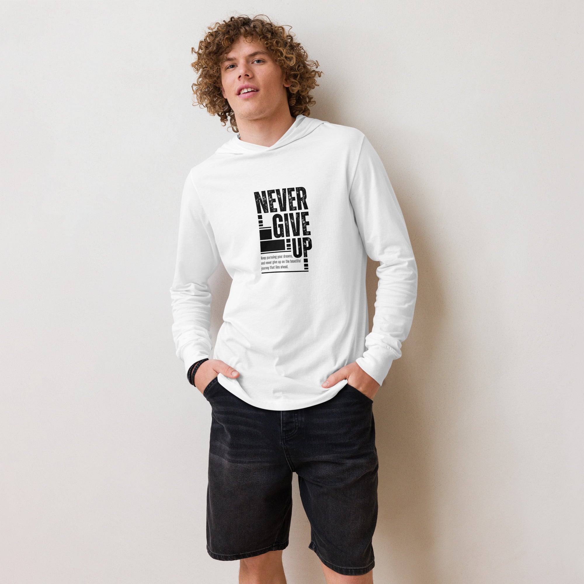 Unisex Hooded Long-Sleeve Tee | Never Give Up Hooded long-sleeve tee AwRans Clothing unisex-hooded-long-sleeve-tee-white-front-67f00ce4d86d0