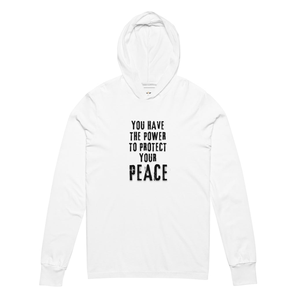 Unisex Hooded Long-Sleeve Tee | You Have The Power To Protect Your Peace Hooded long-sleeve tee AwRans Clothing unisex-hooded-long-sleeve-tee-white-front-67f00d4b489ba
