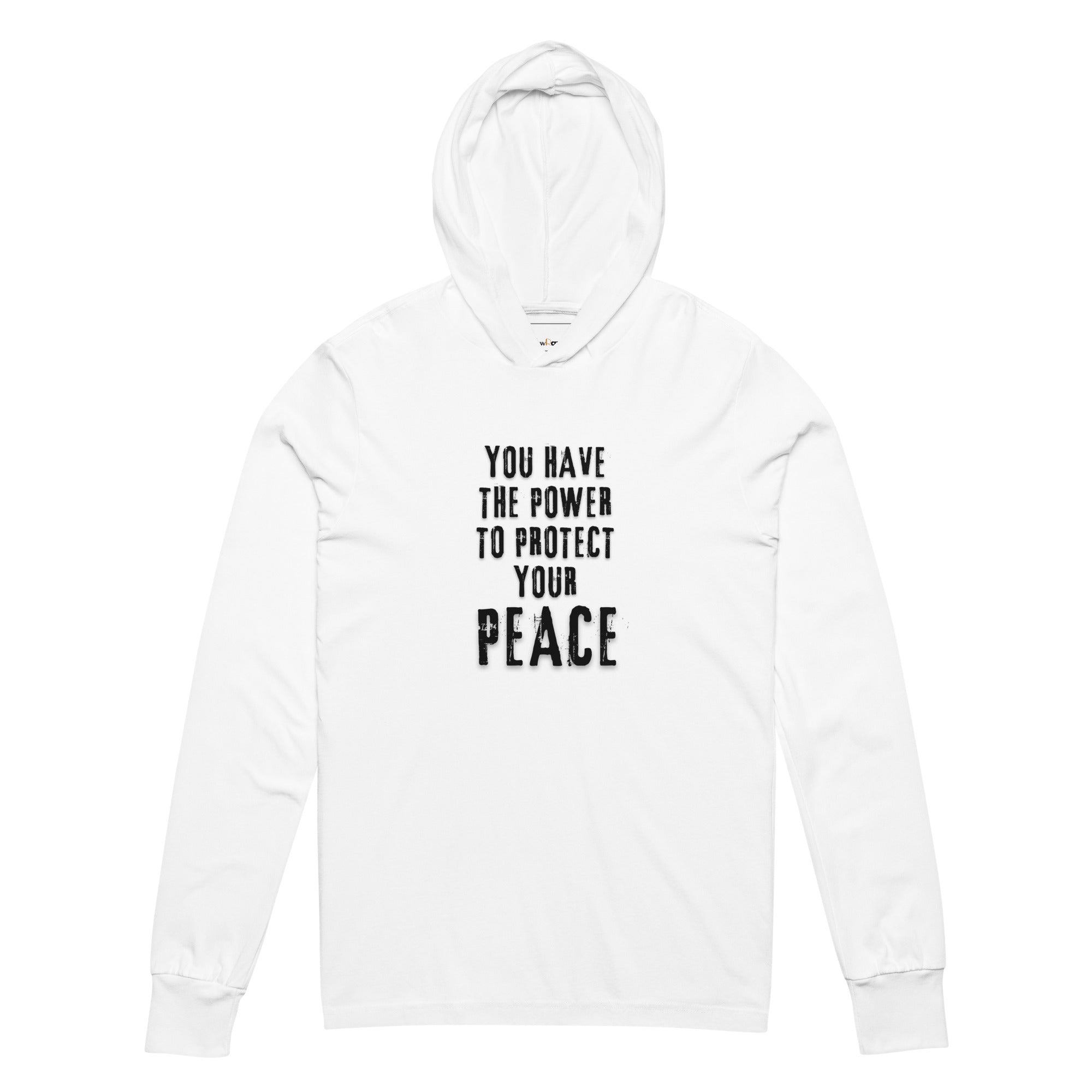 Unisex Hooded Long-Sleeve Tee | You Have The Power To Protect Your Peace Hooded long-sleeve tee AwRans Clothing unisex-hooded-long-sleeve-tee-white-front-67f00d4b489ba
