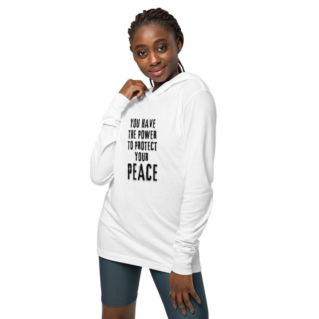 Unisex Hooded Long-Sleeve Tee | You Have The Power To Protect Your Peace Hooded long-sleeve tee AwRans Clothing unisex-hooded-long-sleeve-tee-white-front-67f00d4b48fa0