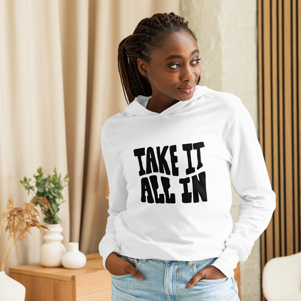 Unisex Hooded Long-Sleeve Tee | Take It All In Hooded long-sleeve tee AwRans Clothing unisex-hooded-long-sleeve-tee-white-front-67f00dc8d6503