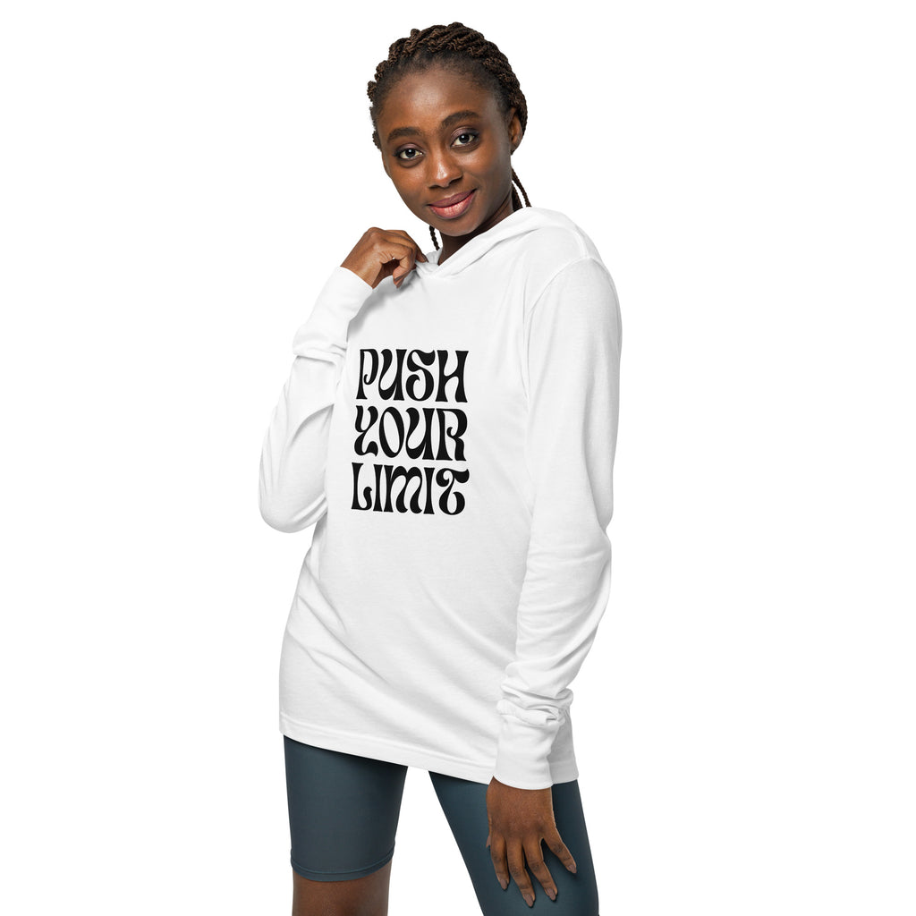 Unisex Hooded Long-Sleeve Tee | Push Your Limits Hooded long-sleeve tee AwRans Clothing unisex-hooded-long-sleeve-tee-white-front-67f00e6e57cc3