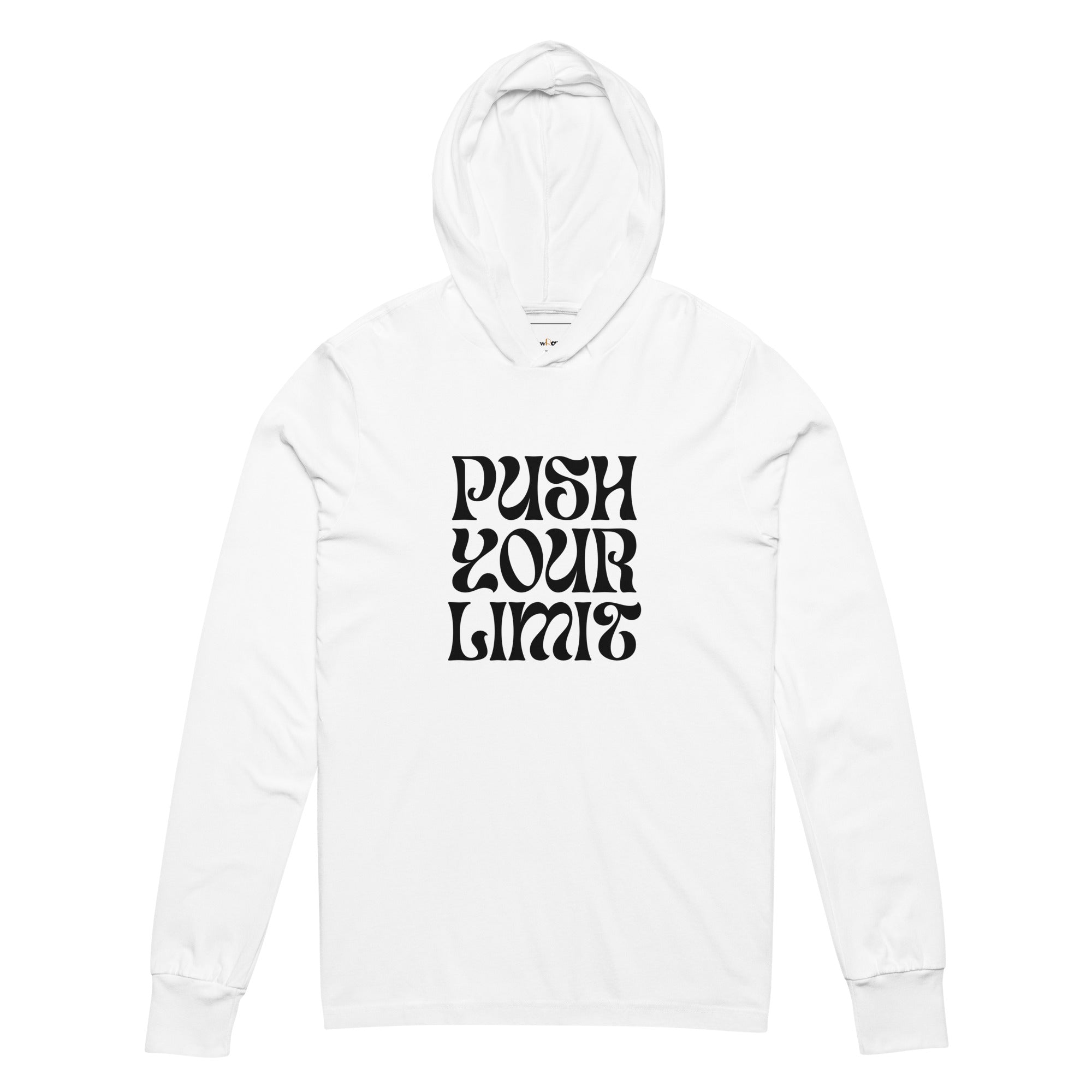 Unisex Hooded Long-Sleeve Tee | Push Your Limits Hooded long-sleeve tee AwRans Clothing unisex-hooded-long-sleeve-tee-white-front-67f00e6e58a90
